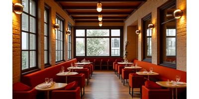 Cozy cafe interior set up with elegant seating for a small event.